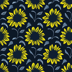 sunflowers flowers seamless pattern design on black background