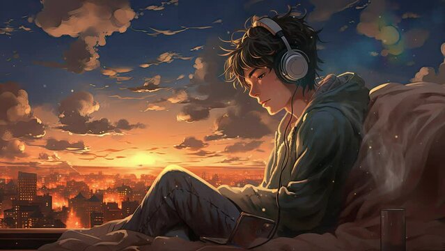 boy listening to music with headphones in bedroom at night. Anime art style. Loop animation. lofi music background