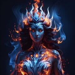A female demoness clad in flames that came from the darkness