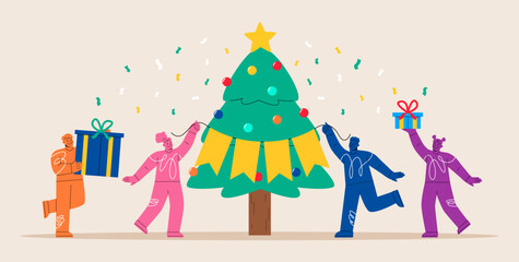 Group of people christmas celebration. Colorful vector illustration