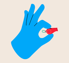 Human hand holding a whistle. Colorful vector illustration