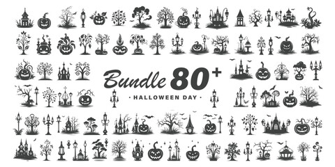 Big set of halloween silhouettes black icon and character.