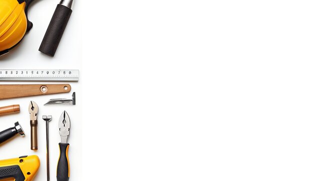 Flat lay construction tools isolated on white background, labor day