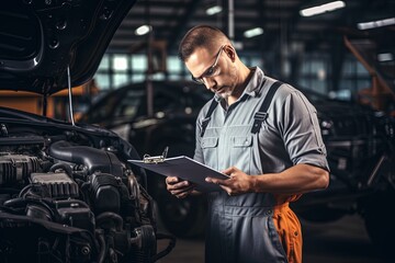 Fototapeta premium Automobile mechanic checking a car by inspecting and writing to the clipboard the checklist.