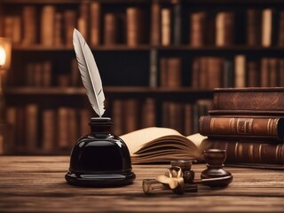 old books and feather. old quill pen with inkwell and papers on wooden desk against vintage bookcase. retro style. banner copy space - obrazy, fototapety, plakaty