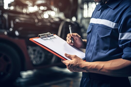 Automobile mechanic checking a car by inspecting and writing to the clipboard the checklist.
