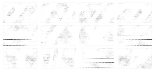 Overlay textures set stamp with grunge effect. Old damage Dirty grainy and scratches. Set of different distressed black grain texture. Distress overlay vector textures.	