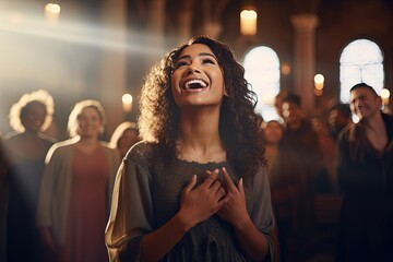 Beautiful young woman with christian gospel singers in church, praising Lord Jesus Christ. - obrazy, fototapety, plakaty