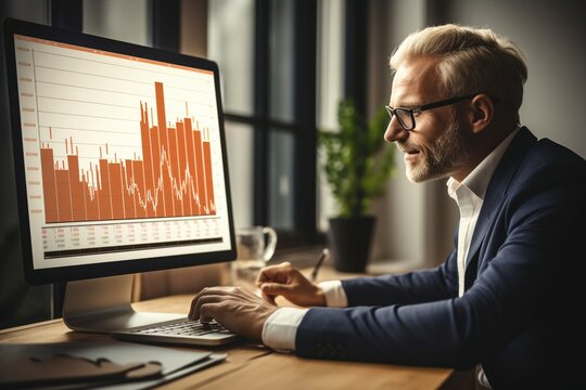 Businessman analising market on a chart on a computer.