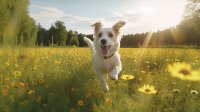 A happy dog running in a green meadow with a gentle Generative Ai (1)