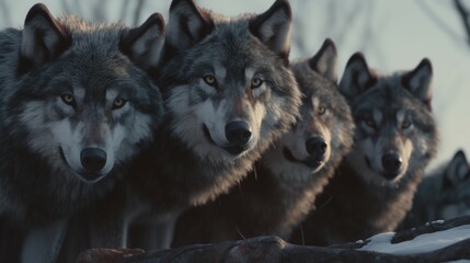 a pack of wolves with piercing blue or green eyes Generative Ai