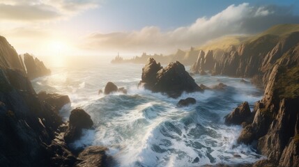 Obraz premium A rugged coastline with rugged cliffs and stunning Generative Ai