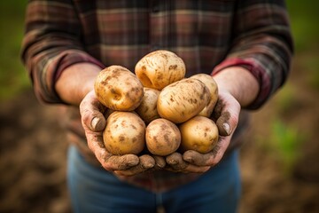 Farmer holding potatoes in hands.