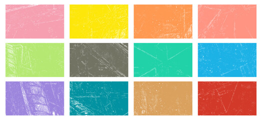 Overlay colorful textures set stamp with grunge effect. Old damage Dirty grainy and scratches. Set of different color distressed white grain texture. Distress overlay vector textures.	