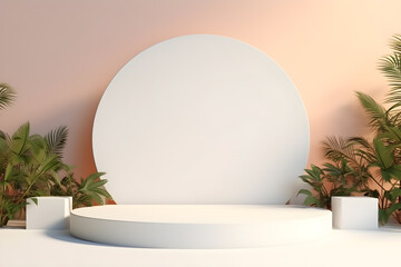3D podium minimal mock up showcase with tropical plants palm trees, Presentation cosmetic products branding, Empty stage platform identity and packaging design, ai generate