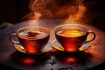 Two cups of tea with steam.