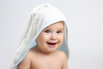 Smiling baby with a towel on his head.