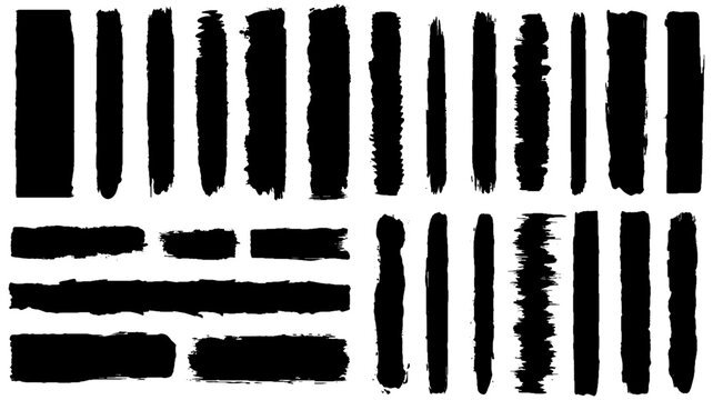 Black collection paint ink brush set. Grunge, frames, text space, lower third, lines, dusty brush, strokes, brushes, design element. Ink brush strokes, hand drawn black sticker. Vector