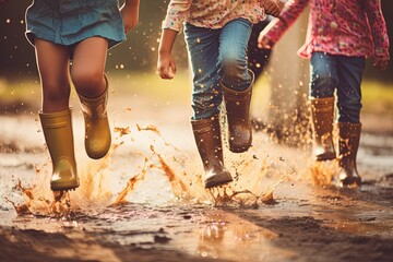Many children wore rain boots, jump and play in the puddles.