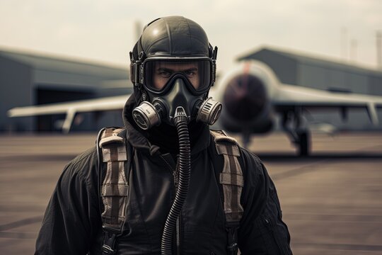 Fighter pilot at airfield wearing mask and helmet.