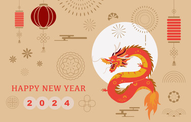 Gold red Chinese New Year banner with dragon,cloud.Translation: Happy Chinese new year