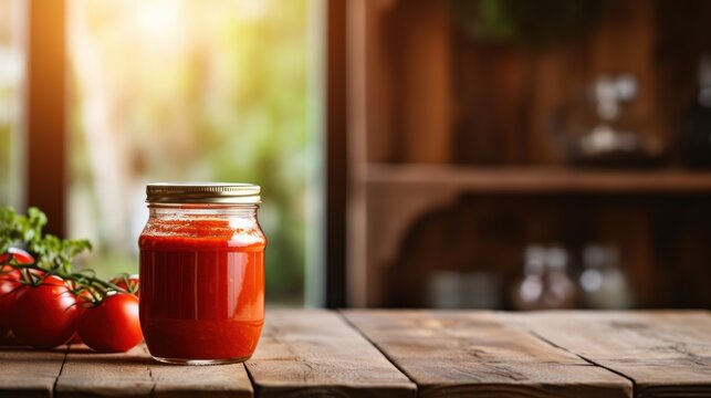Tomato sauce on the table with copy space. Generative AI