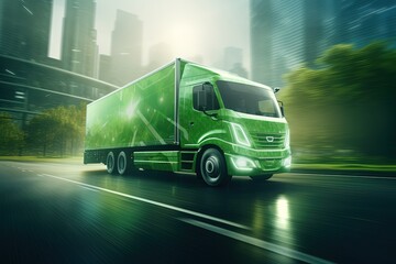 Green transportation concept with delivery truck. - obrazy, fototapety, plakaty