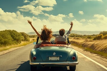 Happy couple driving on country road with raised hands. - obrazy, fototapety, plakaty