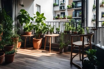 Fototapeta na wymiar Beautiful terrace or balcony with a hardwood floor, a chair, and green plants in pots. cozy retreat in the house. In the city, a bright, trendy balcony terrace