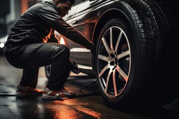 Car mechanic changing tire. - obrazy, fototapety, plakaty