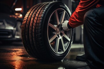 Car mechanic changing tire. - obrazy, fototapety, plakaty