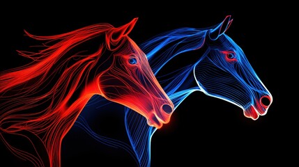 Horses with neon red and blue lines.
