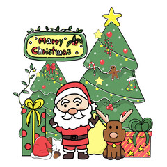 Cartoon Merry Christmas with Santa Claus Reindeer Gift Box and Christmas tree