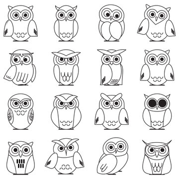 Owl outline icons collection. Set of outline owls and emblems design elements for schools.