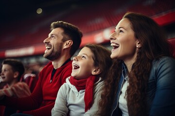 Joyful family watching sport event at stadium.