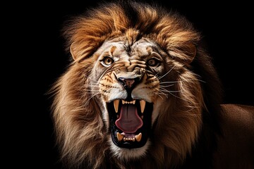 Lion roaring on black background.	
