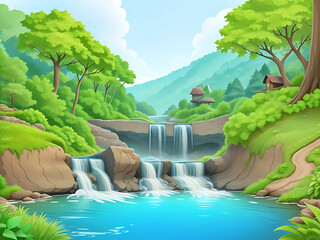 Nature scene with waterfall and stream flowing through the forest. vector illustration.