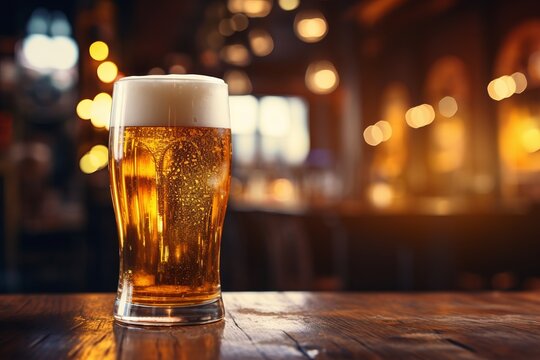 Cold golden beer in the glass stands on pub background