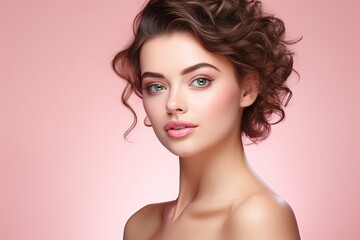 Beautiful young woman with clean fresh skin on pink background.