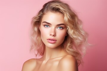 Naklejka premium Beautiful young woman with clean fresh skin on pink background.