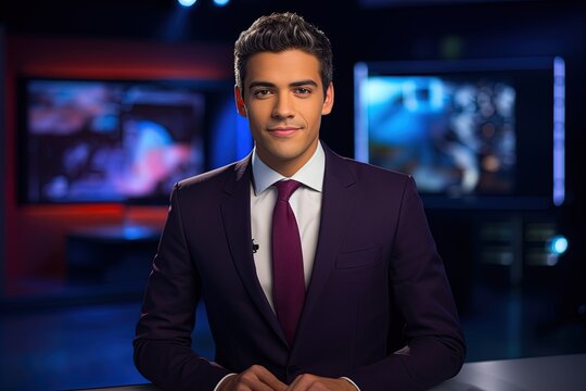 Male newsreader reporting live in the television.