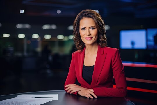 Female newsreader reporting live in the television.