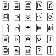 File type icons, in line style, for a variety of office uses and user interfaces including doc, pdf, video files, audio files, music, text, txt, jpg, and spreadsheet.