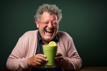 Senior man enjoys a green smoothie.