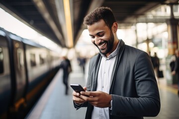 Smiling man looking at his smart phone at a train station.