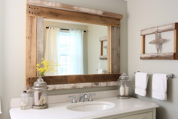 Bathroom with DIY mirror frame.