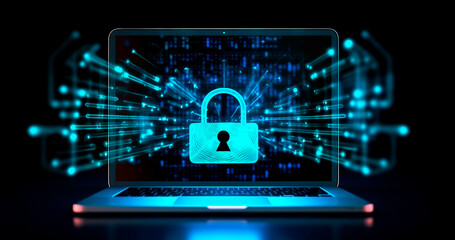 Cyber security concept. Lock, key hole and laptop on digital pattern background