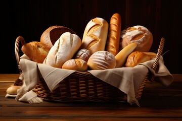 Wicker basket filled with delicious assortment of bread. 