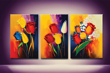 Colorful Bloom: Beauty in Nature and Fragility of a Multi-Colored Rose Bouquet. Oil painting.