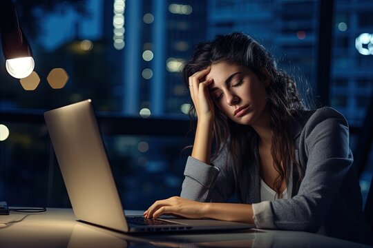 Woman feeling tired and overworked working on the computer.